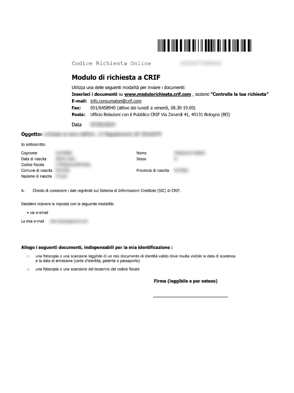 Visura CRIF ufficiale - Verifica centrale rischi e situazione creditizia personale